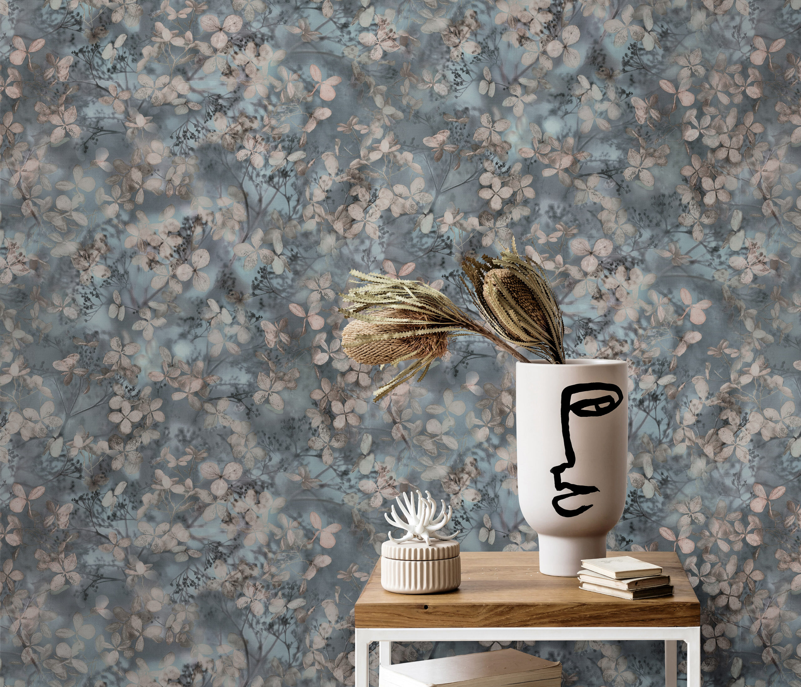 Interior design of living room with stylish dried flowers in vas