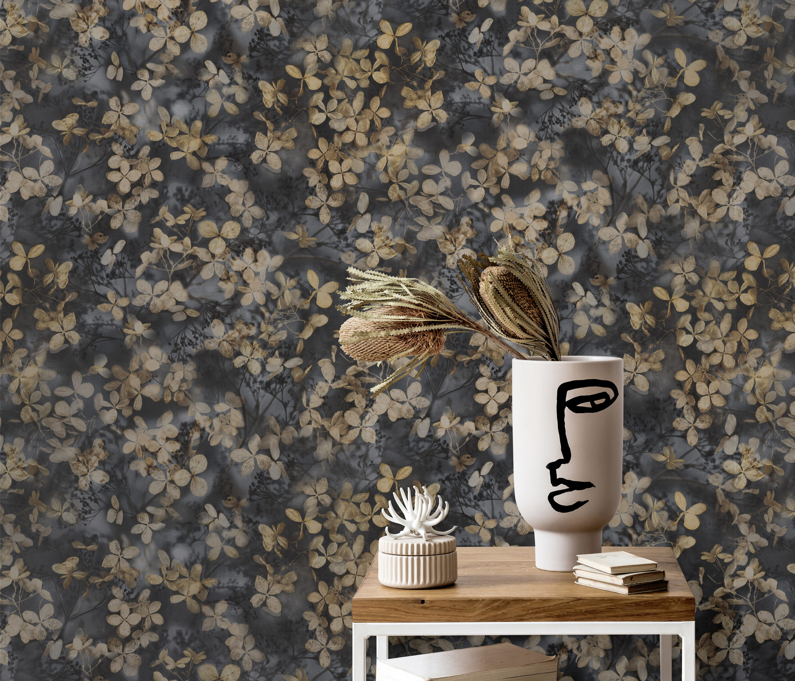 Interior design of living room with stylish dried flowers in vas