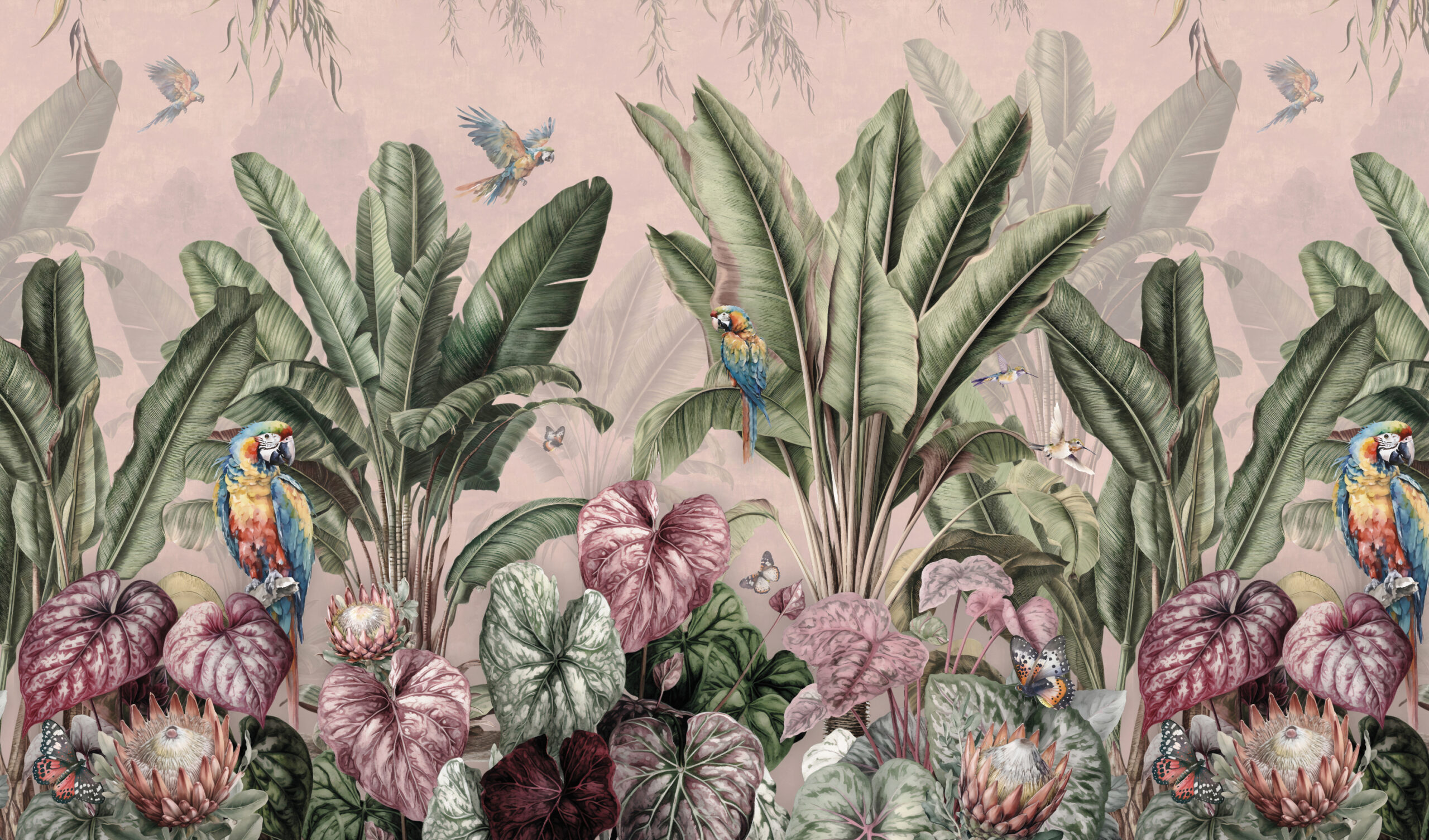 Wallpaper,Prints,-,Tropical,Banana,Palms,In,Landscape,With,Macaws