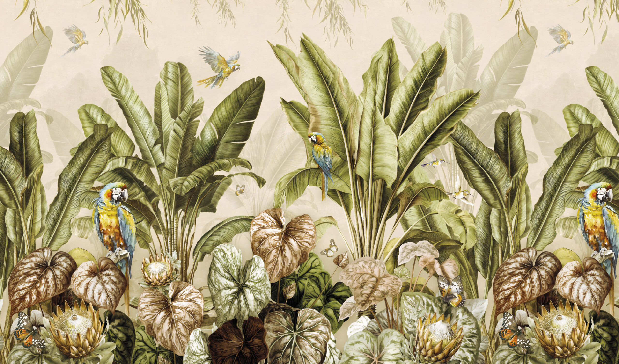 Wallpaper,Prints,-,Tropical,Banana,Palms,In,Landscape,With,Macaws